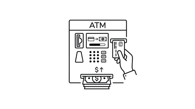 Illustration of a person using an automated teller machine with cash dispenser and card reader for banking transactions