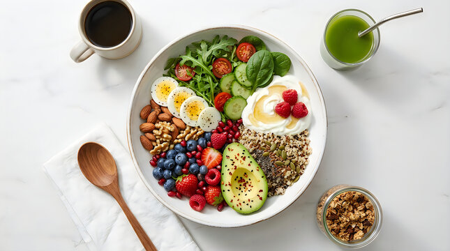 Healthy breakfast bowl with eggs fruits nuts and granola on a white marble table
