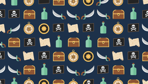 Seamless dark blue pattern of pirate adventure items including cutlass swords, treasure chests, maps, and flags.