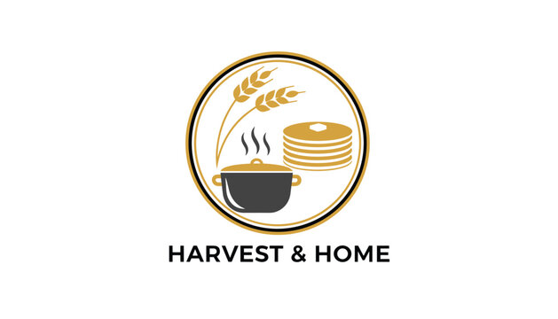 Gold and black logo design for Harvest and Home, showing wheat ears, a steaming cooking pot, and a stack of pancakes.