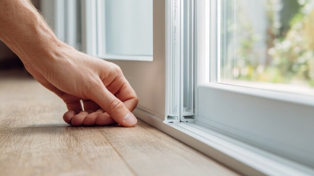 Person checking the gap under a sliding door on wooden floor. Concept for home insulation and draft.