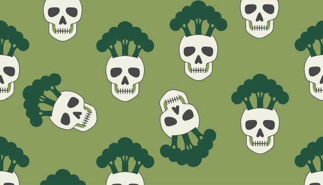 Quirky seamless pattern of white skulls with broccoli growing from their heads, set on an olive green background.