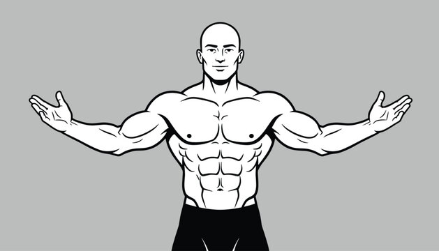 Powerful bald bodybuilder showing off muscular physique and abs with open arms, drawn in black and white line art.