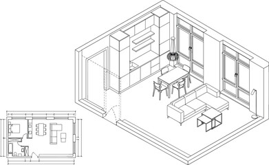 Fototapeta premium Modern Apartment Interior CAD Isometric Line Drawing with Floor Plan Furniture Layout and Architectural Wireframe Design