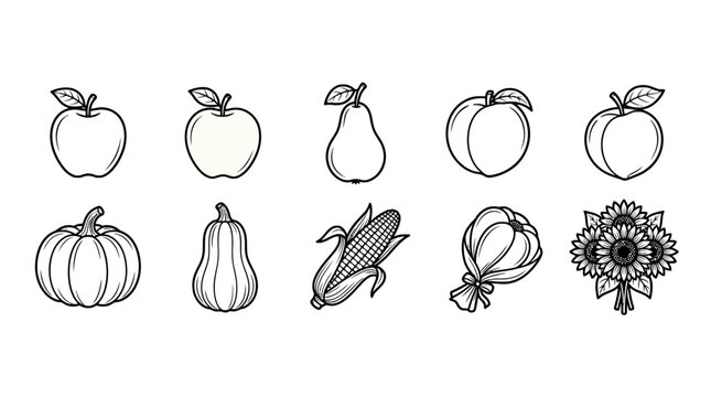Lineart of assorted fruits and vegetables including apple banana pumpkin corn sunflower for healthy eating, nutrition, and vegetarian food design, black and white