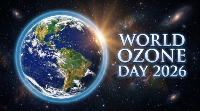 World Ozone Day 2026 banner poster Planet Earth from space protected by glowing ozone shield concept