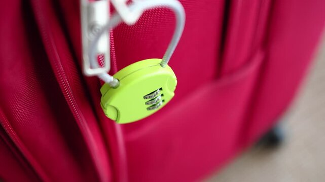 Lock on a red suitcase in a busy airport setting