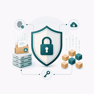 Data Encryption Shield and Secure Lock Icon Flat Illustration