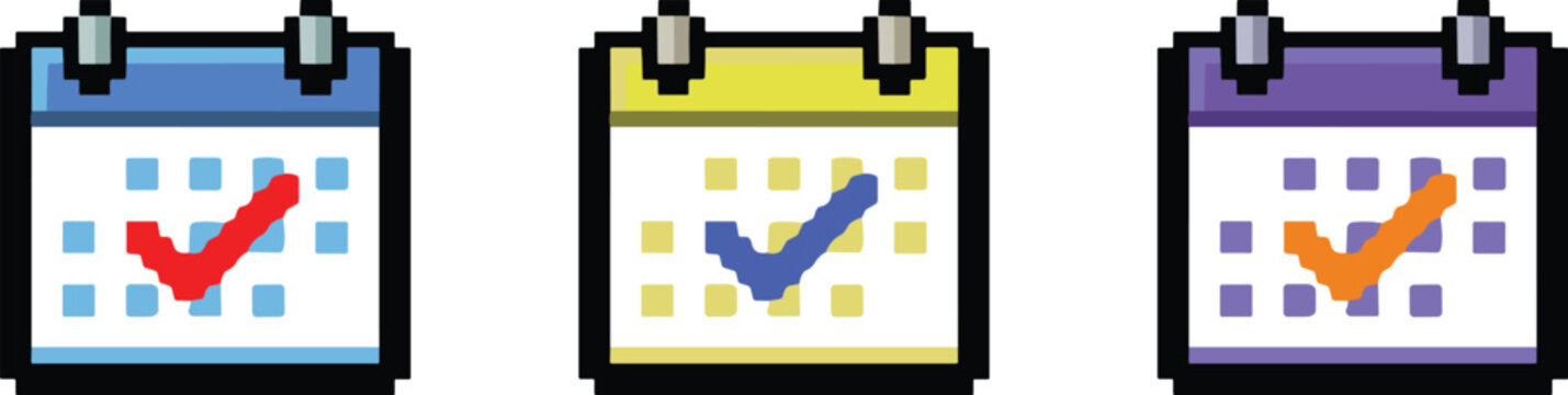 Pixel art illustration set of three calendar icons with checkmarks isolated on a white background.

Retro style pixelated schedule planner icons in blue yellow and purple colors for game design.
