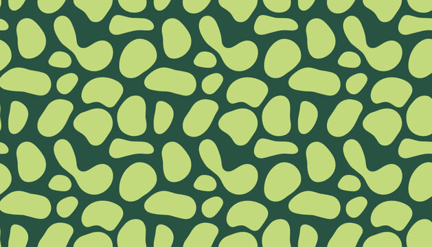 Minimalist seamless pattern showcases abstract light green organic cell shapes over a dark forest green background.