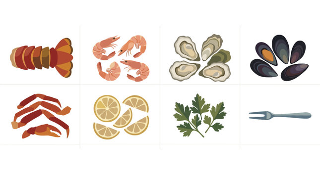 Seafood platter with lobster oysters shellfish lemon herbs and fork for cooking or dining, high-quality illustration, versatile food ingredient image