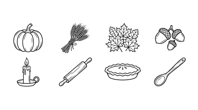 Autumn harvest outline illustration with pumpkin wheat leaves acorn candle rolling pin pie spoon for seasonal cooking baking or Thanksgiving decoration
