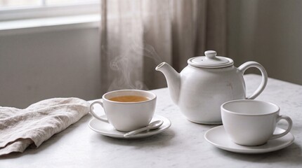 Fototapeta premium Realistic atmospheric still life of clean white teacups and a white ceramic teapot with rising steam, representing tea time, minimalism, calm morning ritual and cozy beverage photography concept