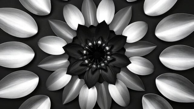 Symmetrical grayscale floral arrangement with contrasting dark center and petals
