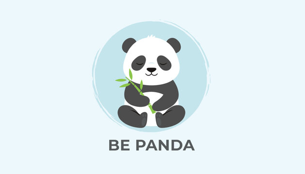 Adorable Be Panda concept logo featuring a cute sleeping cartoon panda holding a green bamboo stem in a blue circle.