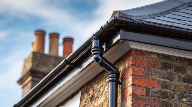 Black cast iron gutter and downpipe on a historic brick building roof. Ideal for architectural repairs and.