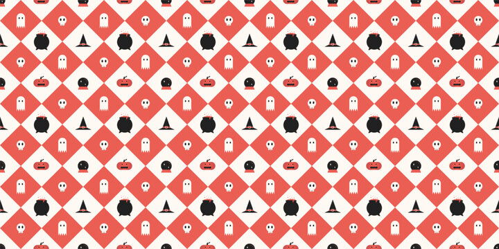 Geometric Halloween seamless pattern with ghost witch hat and pumpkin on diamond grid