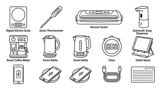Collection of smart household appliances and devices including kettle coffee maker vacuum sealer digital kitchen scale smart thermometer and more