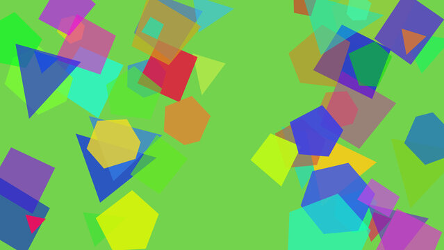 Abstract background with colorful geometric shapes on a green surface