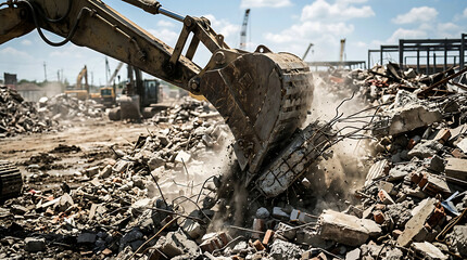 Fototapeta premium Excavator Bucket Crushing Concrete Rubble At Industrial Demolition Site Heavy