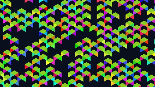 Abstract geometric pattern with colorful neon triangles on dark background