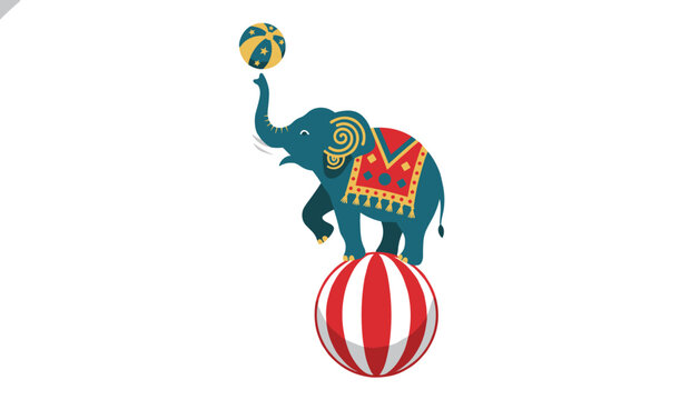 Circus elephant carefully balances on a large striped ball while spinning a small starry ball on its trunk.