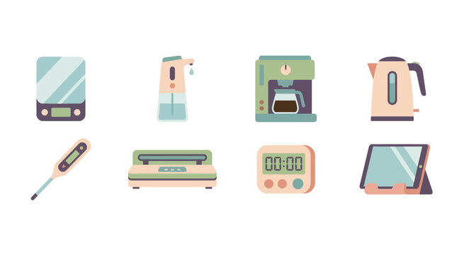 Kitchen appliances and tools illustration including kettle blender coffee machine scale timer tablet and pen for home cooking and breakfast preparation