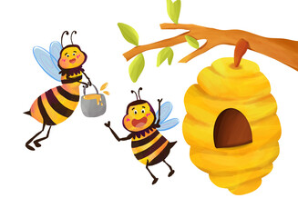 Bees carrying honey to hive cartoon illustration - amazing bee story Studiotangankanan