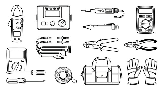Line art illustration of electrical tools and equipment for maintenance and repair work, including multimeters, screwdrivers, pliers, tester, insulation gloves, and wire spool