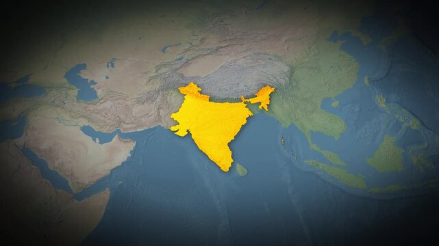 India Highlighted on Physical Map of Asia with Terrain Relief Geographic Animation