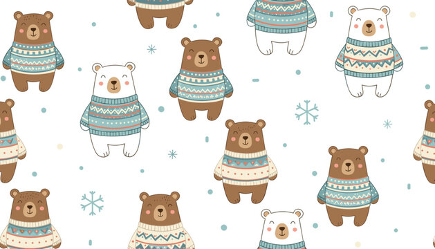 Delightful seamless pattern filled with cute cartoon brown and white bears wearing cozy patterned winter sweaters.