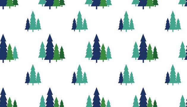 Minimalist seamless pattern featuring groups of stylized pine trees in shades of green and dark blue.
