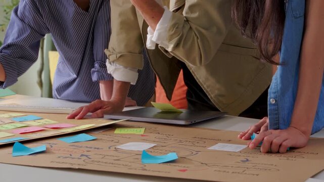 Top-down close-up view of a hand-drawn business concept map covered in colorful sticky notes labeled with workflow terms, as team members' hands point and write during a collaborative planning session