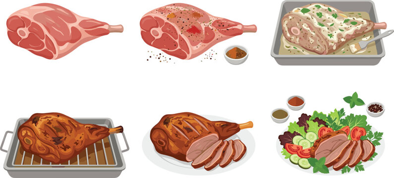 Roasted Leg of Lamb Cooking Process Vector Illustration Set Featuring Raw Meat Seasoning Marinating Baking In Pan and Sliced Culinary Dinner Platter DesignsRoasted Leg of Lamb Cooking Process Vector I