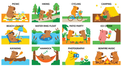 Fototapeta premium Cute capybara doing activities set picnic hiking cycling camping beach lounge water relaxing.