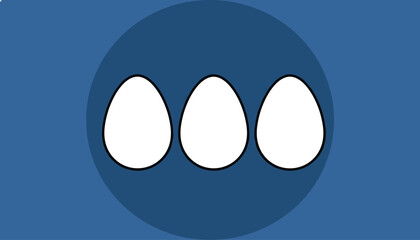 Naklejka premium Three clean white eggs are arranged in a horizontal row within a dark blue circle on a blue background.