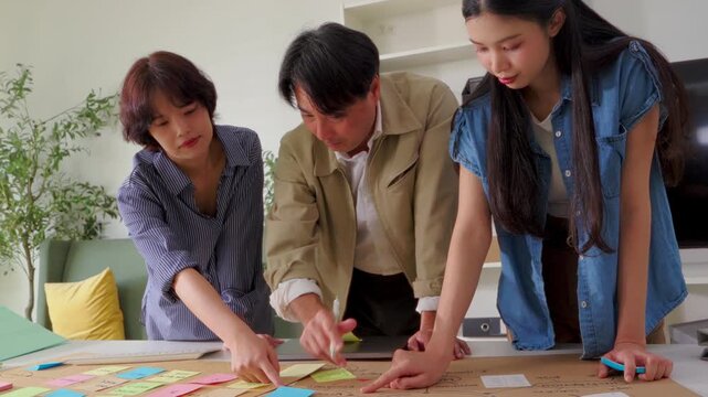 Three colleagues lean over a desk examining a hand-drawn business strategy map covered in colorful sticky notes, brainstorming project ideas together beside a laptop in a bright modern office.