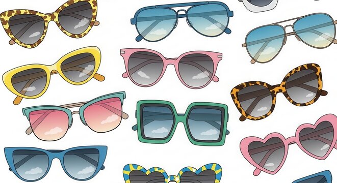 Assorted colorful sunglasses on white background