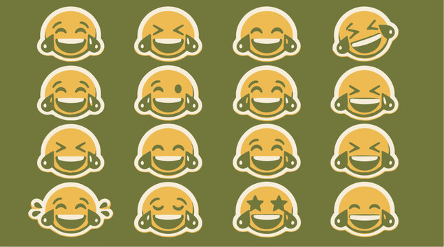 A collection of yellow smiley faces expressing extreme laughter and joy with tears streaming down.