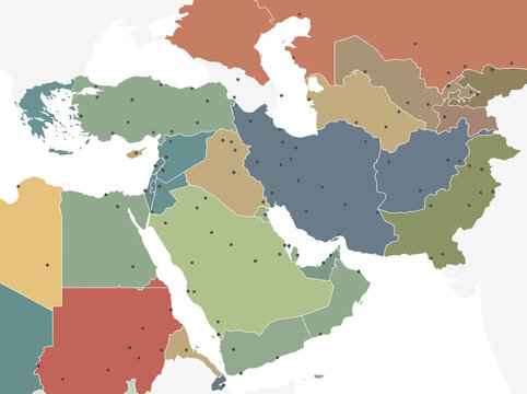 Minimalist Middle East and Central Asia political map with city markers in muted earth tones.