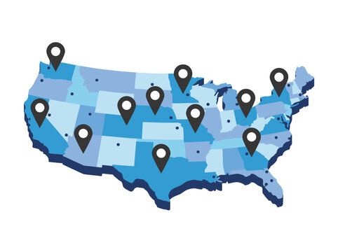 Blue 3D USA Map with Multiple Location Pins
