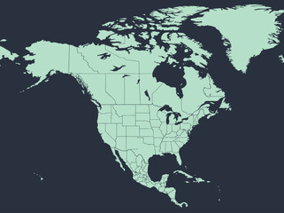 Fototapeta premium Minimalist North America map featuring US states and Canadian provinces on a dark background