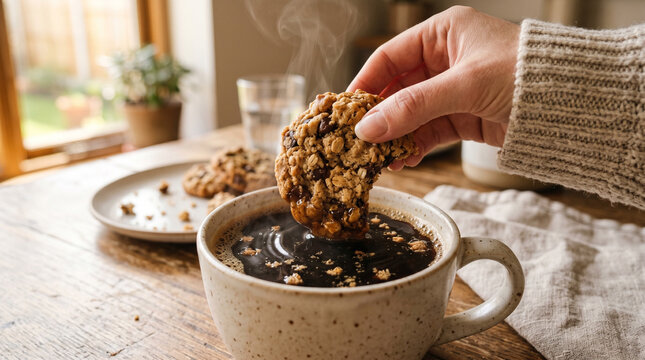 Woman dipping cookie into coffee cup on wooden table in cozy kitchen  