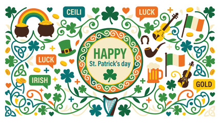 Fototapeta premium Happy st patrick's day typography design with irish cultural elements and shamrocks.