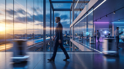 Fototapeta premium Futuristic Workspace with Businessman Walking through Modern Office with AI Robots and Digital Screens