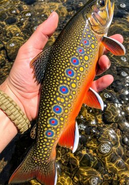 Close-up of a Fisherman Holding a Vibrant Wild Brook Trout with Colorful Spots and Orange Fins in a Clear River