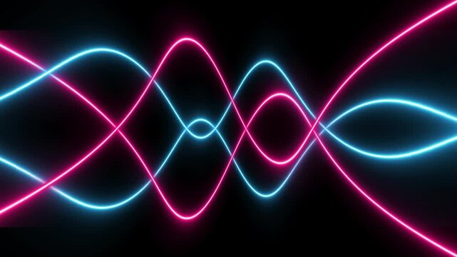 Pink and cyan glowing neon intersecting sine waves animation on black background for digital audio visualizer and technology concept