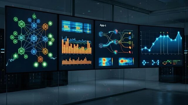 Data visualization digital dashboard analytics screen network diagram bar chart line graph heatmap data analysis technology futuristic interface information display business intelligence digital