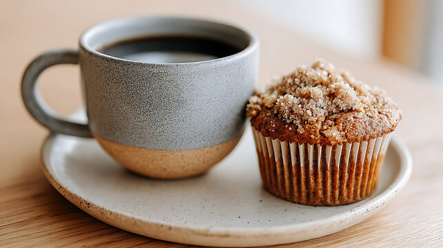 Golden-crusted muffin paired with rich coffee in a ceramic mug, creating a cozy and satisfying caf&eacute; moment.