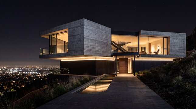 Ultra-modern rectilinear concrete house glowing at night above distant city lights with architectural uplighting, representing modern architecture, luxury home and contemporary design concept